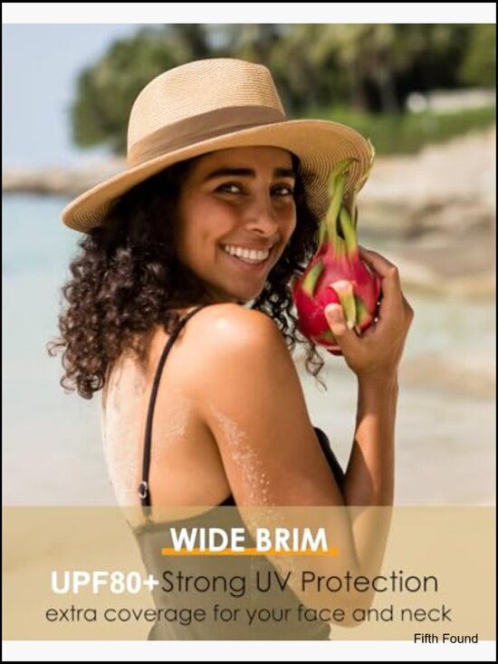 Wide Brim Panama Straw Fedora Hat UPF 80+ Sun Protection Adjustable Strap